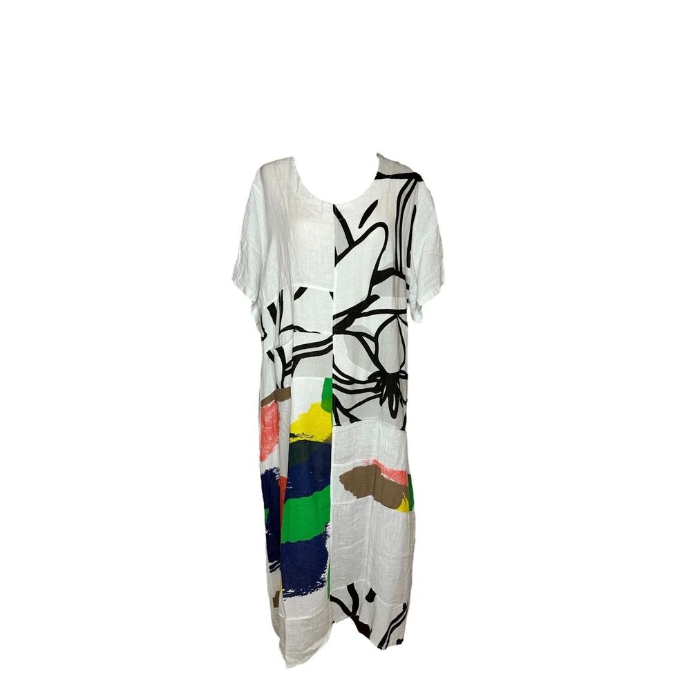 Women's White Linen Dress Size M Midi Scoop Neck Transparent Made in Italy NWT